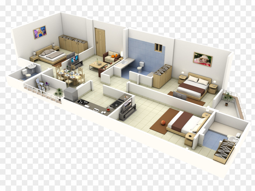 Architectural Complex House Plan 3D Floor Bedroom PNG