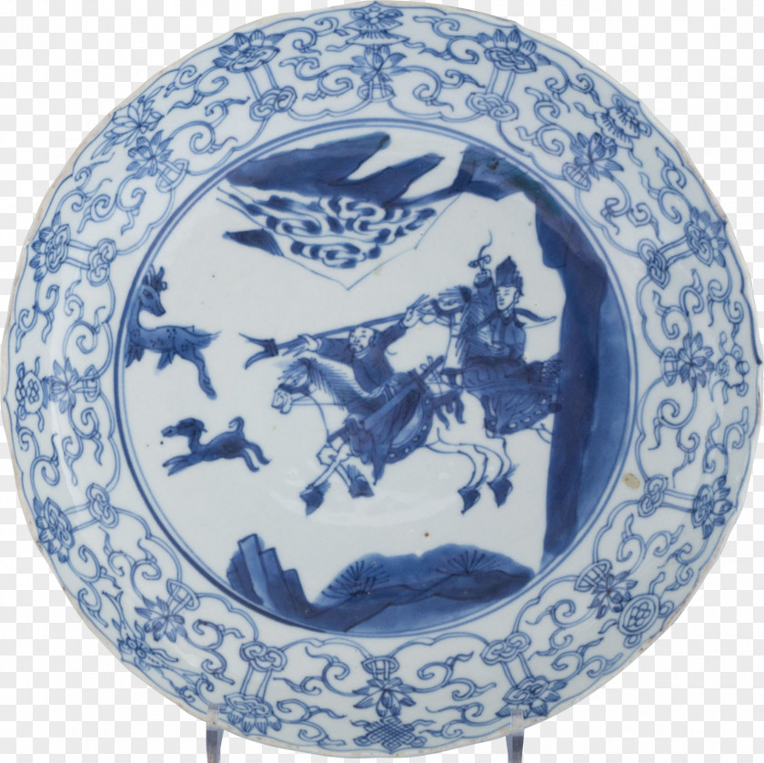 Chinese Plate Blue And White Pottery Ming Dynasty Export Porcelain Hunting PNG