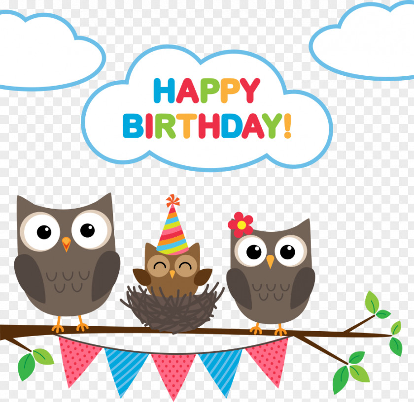 Hand-painted Cartoon Cute Owl Family Birthday Wedding Invitation Greeting Card PNG