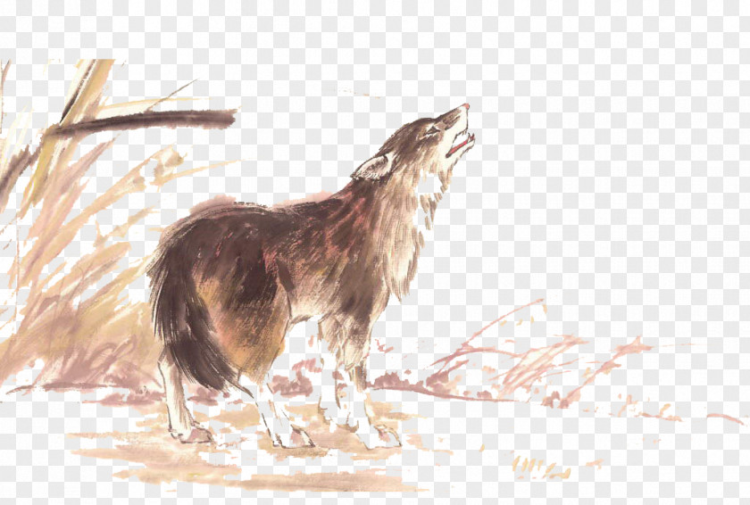Howling Wolf Wolfdog Ink Wash Painting Bird-and-flower PNG