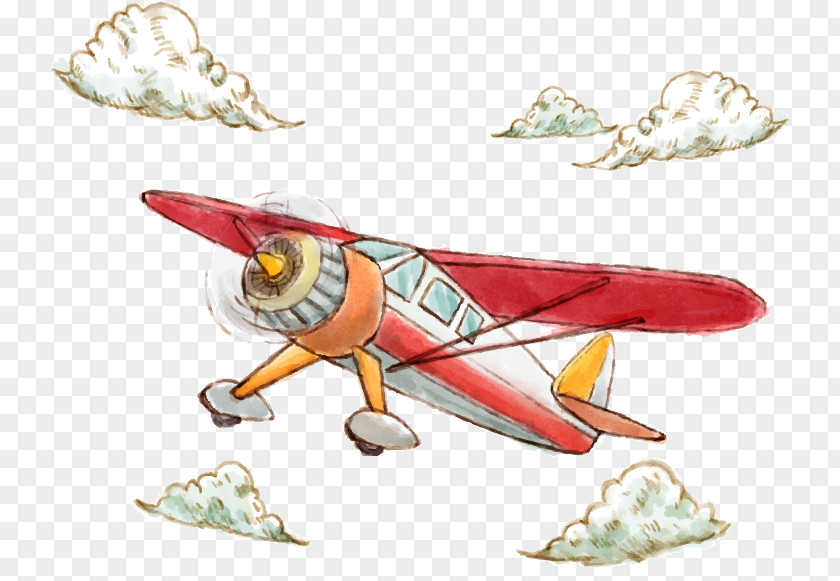 Water Clouds Painted Aircraft Airplane Watercolor Painting Illustration PNG