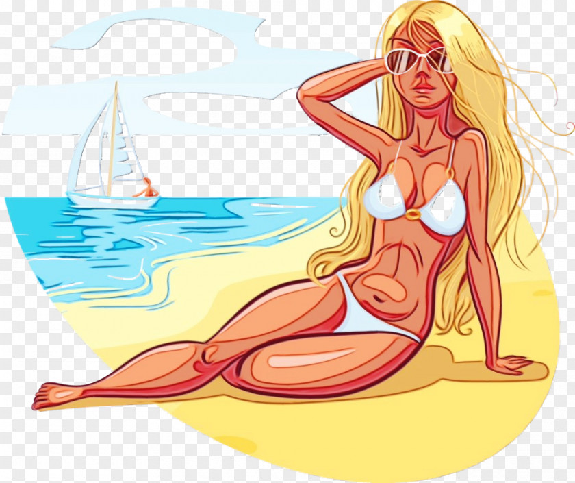 Sun Tanning Long Hair Cartoon Water Bikini Swimwear PNG