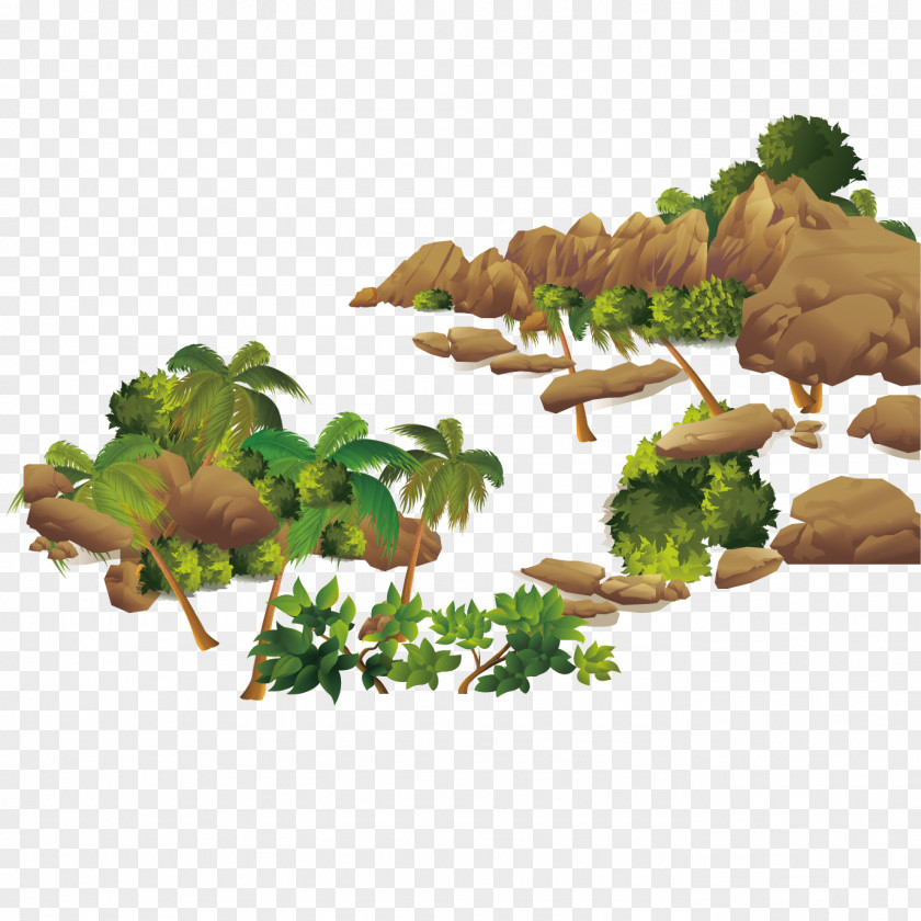 Stone Mountain And Coconut Tree Vector Material PNG