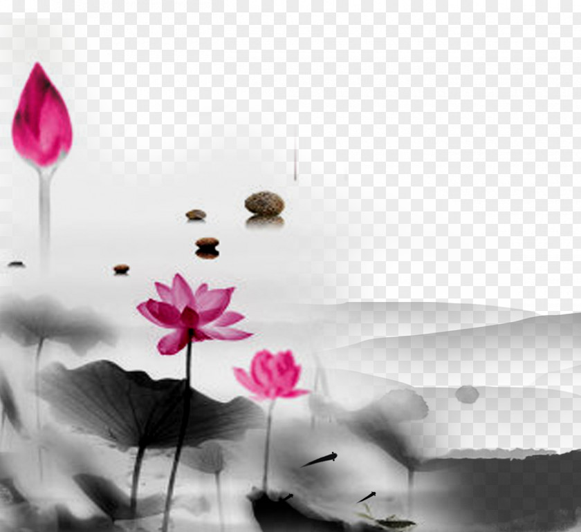 Ink Wind Lotus Wash Painting U5c71u6c34u753b: U6c34u58a8u5c71u6c34 Shan Shui Poster PNG