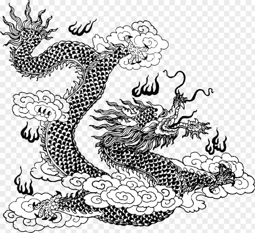 Vector Dragon Chinese Line Art Mythology Coloring Book PNG