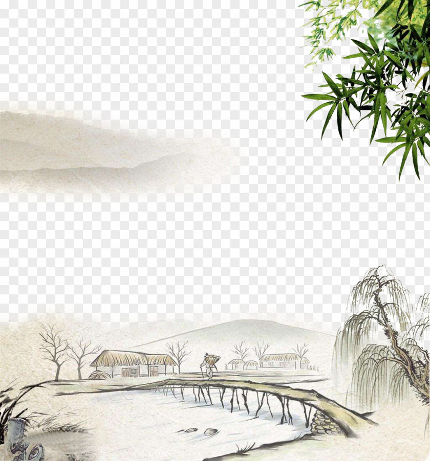 Lake Ink To Pull The Material Chinese Painting Wash Shan Shui Wall PNG