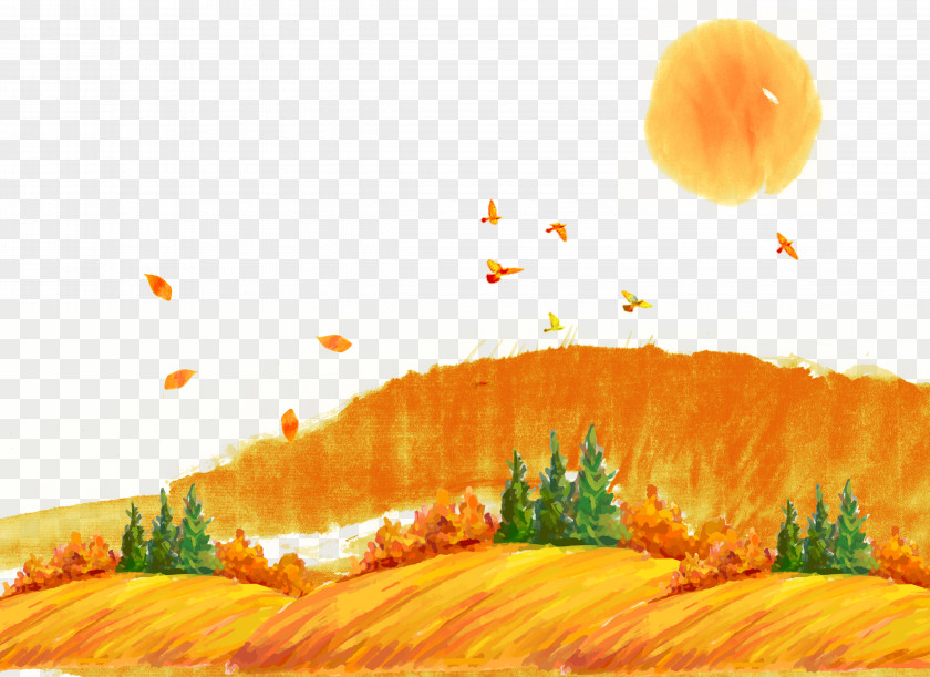 Hand Painted Autumn Landscape On The Outskirts Of Mountain Wallpaper PNG