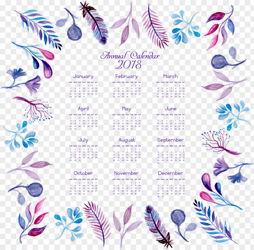Watercolor Hand Painted Feather Flower Calendar Graphic Design Purple Pattern PNG