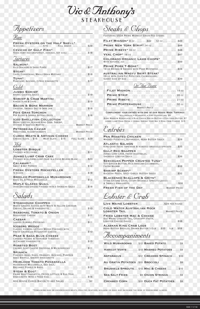 Menu Chophouse Restaurant Vic & Anthony's Steakhouse Take-out PNG