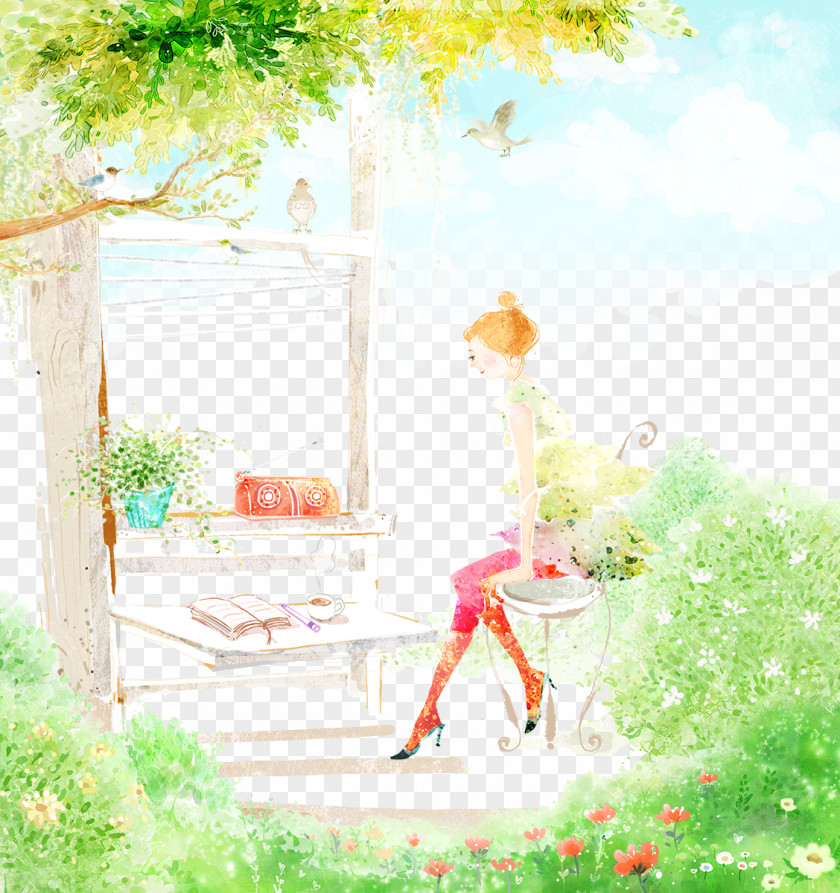 Free Time Young Woman Sewing In A Garden Watercolor Painting Fukei Landscape Illustration PNG