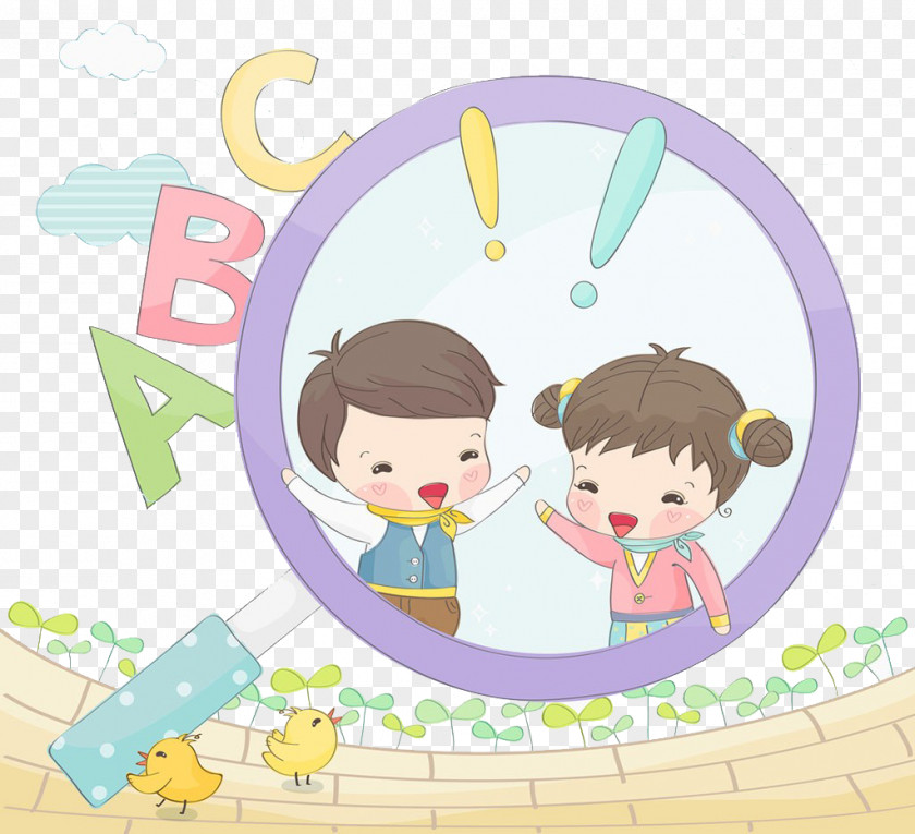 Children And Magnifying Glass Cartoon Illustration PNG