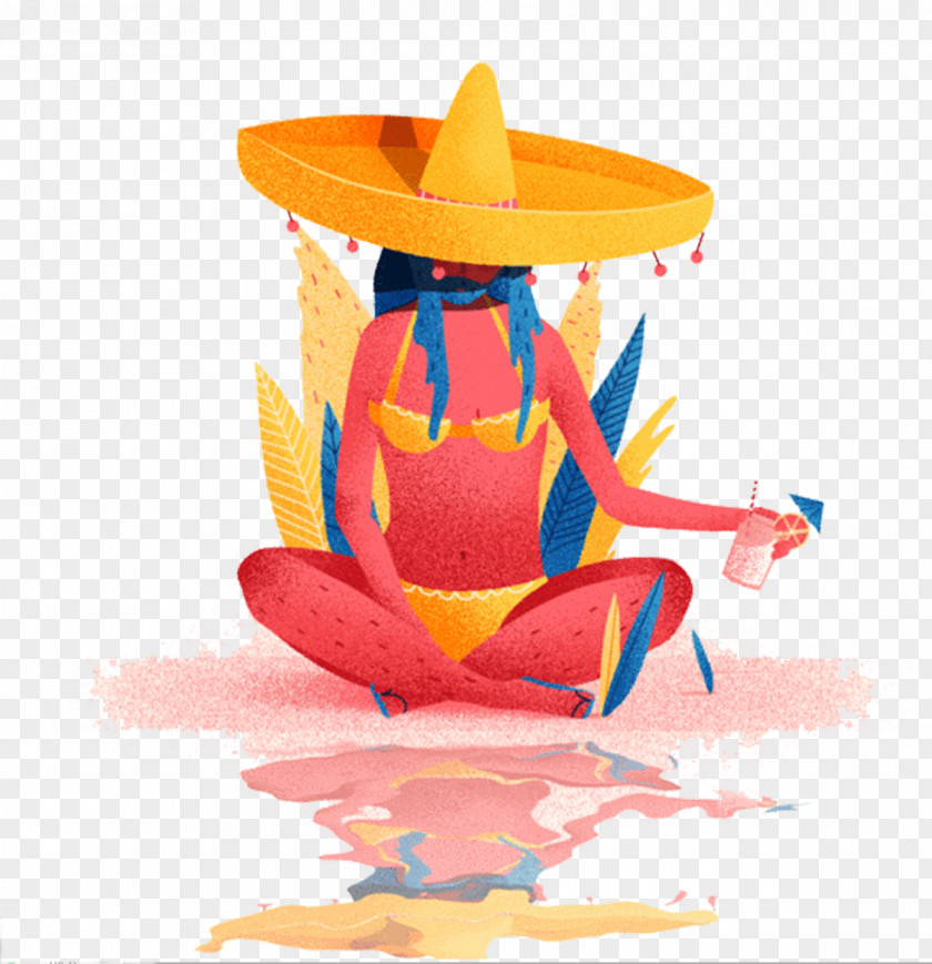 Hand-painted Woman Drawing Straw Hat Illustration PNG