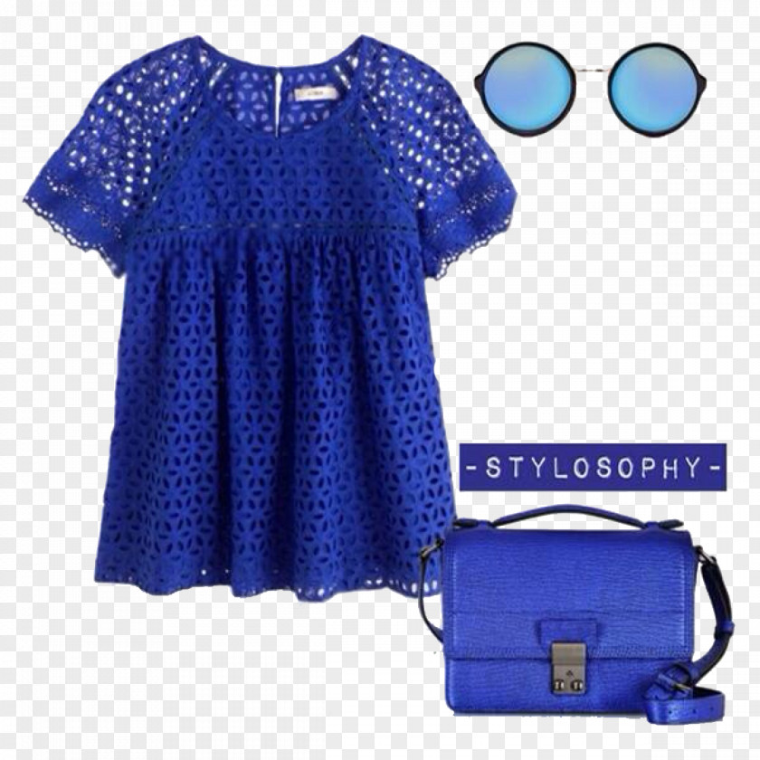 Sapphire Blue Hue With Lace Short-sleeved Dress Sleeve Blouse Polka Dot PNG