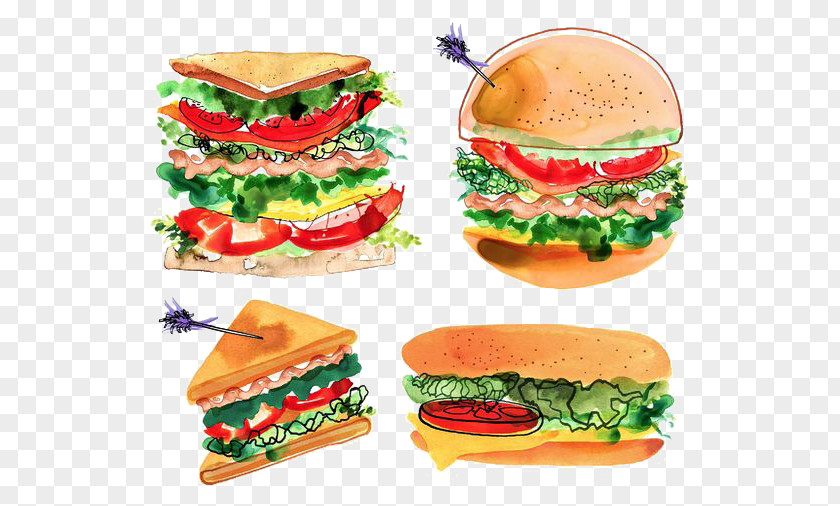 Hand Painted Burger Cheeseburger Fast Food Hamburger Chicken Sandwich Bacon PNG