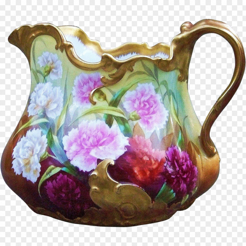 Carnations Hand Painted Jug Vase Porcelain Pottery Pitcher PNG