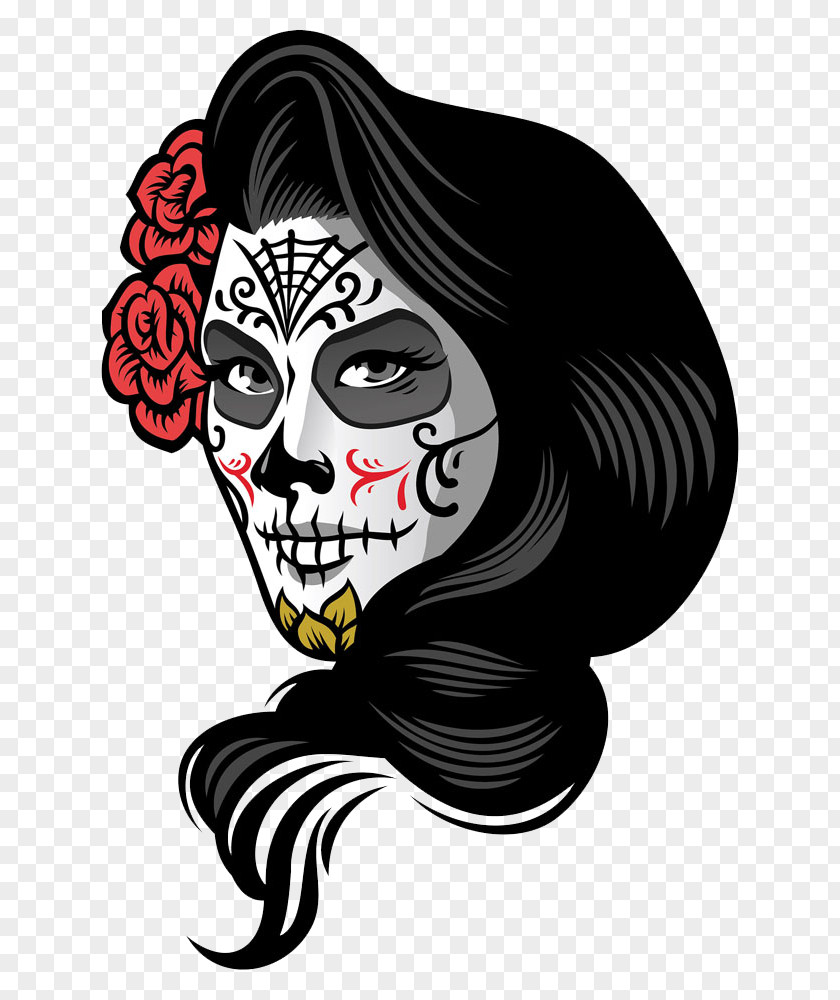 Hand-painted Woman In Profile Calavera Day Of The Dead Death Illustration PNG