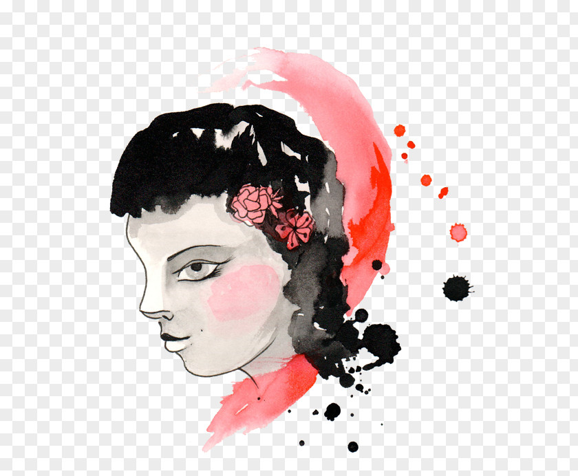 Black Hair Watercolor Paint Design Nose Painting Portrait PNG