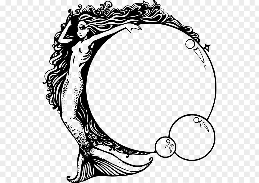 Blackandwhite Line Art Mermaid Cartoon PNG