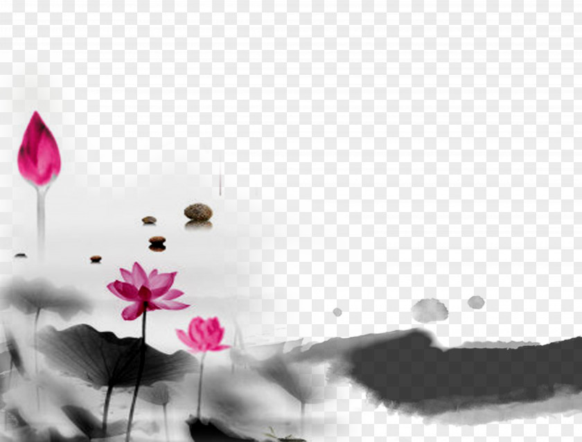 Free Ink Landscape Lotus Surface Matting Material Wash Painting Chinoiserie Watercolor Brush PNG