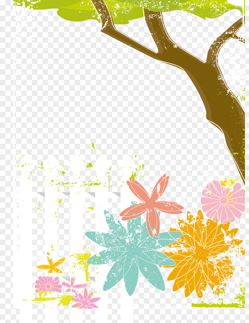 Tree Flowers And White Fence Graphic Design Euclidean Vector Illustration PNG