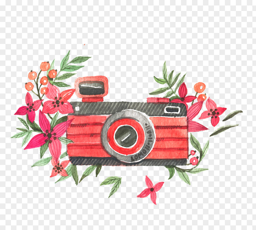 Watercolor Flowers And Cameras Vector Floral Design Necklace Pendant Magnet Pattern PNG
