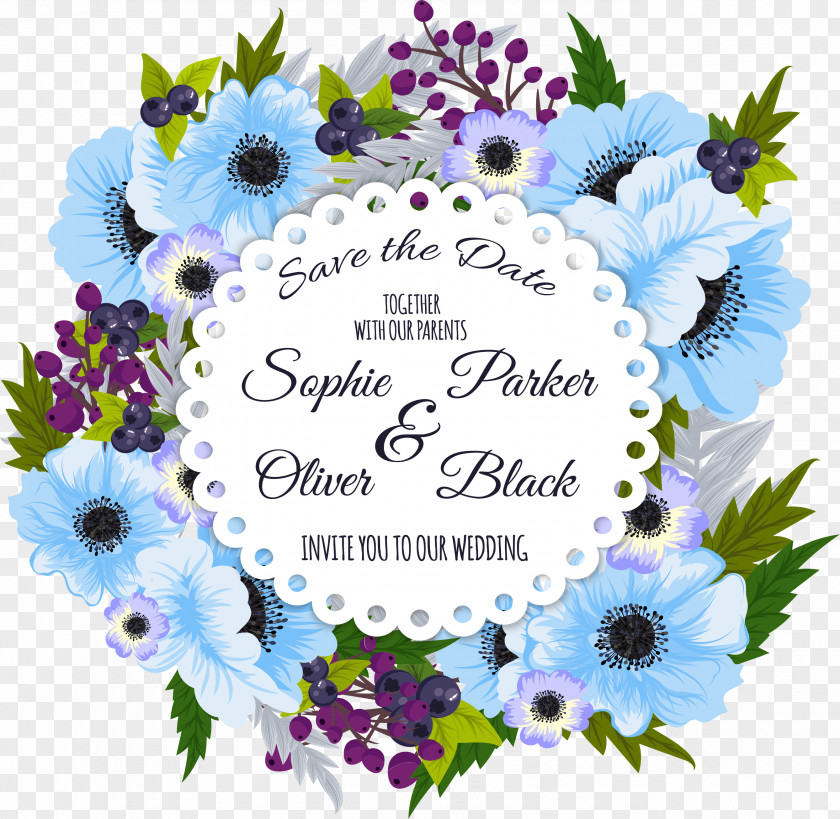 Blue Flower Decoration Title Box Wedding Invitation PNG