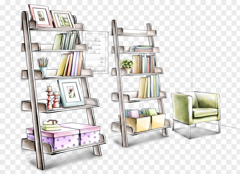 Cartoon Library Bookshelf Seat Sofa Interior Design Services Drawing Decorative Arts Wallpaper PNG