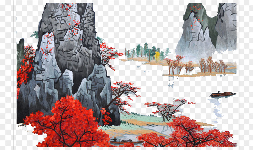 Red Mountain Ink Wash Painting Illustration PNG