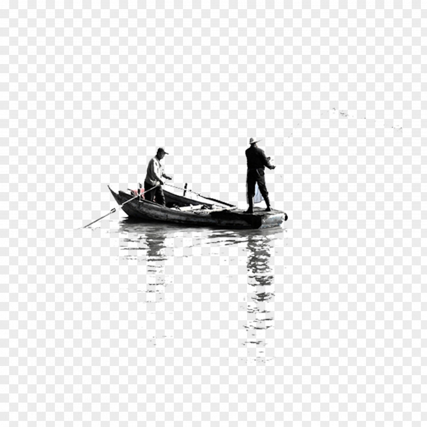 Ink Fishing Boat Black And White Water Recreation Wallpaper PNG