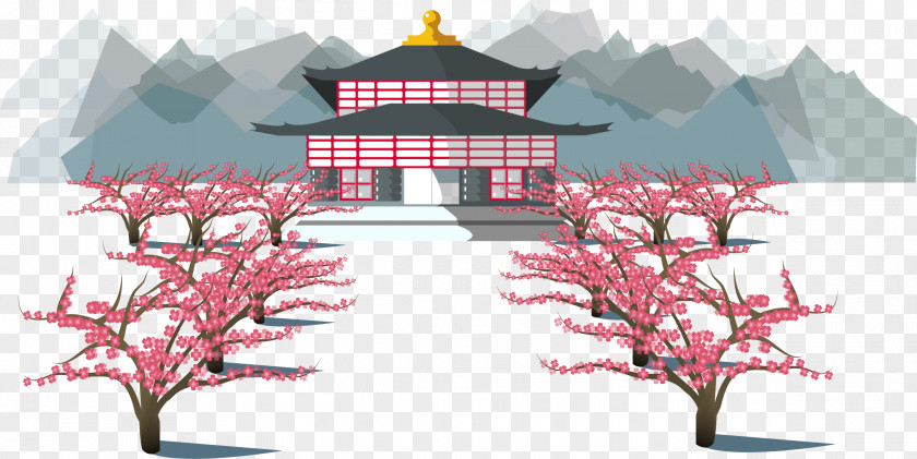 Vector Hand-painted Japanese Architecture Around PNG