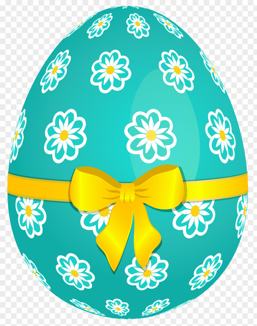 Sky Blue Easter Egg With Flowers And Yellow Bow Picture Basket Clip Art PNG