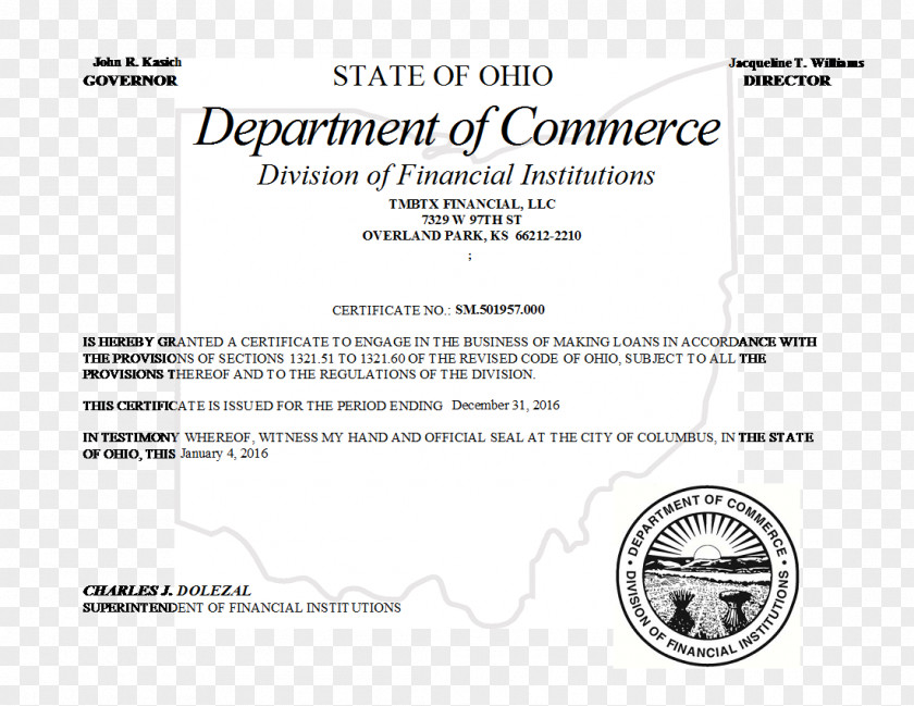 Certificate Banner Ohio Document Title Loan Installment PNG