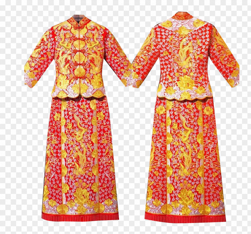 Dragon And Phoenix Men Women Show Suit Material China Wedding Dress Cheongsam PNG