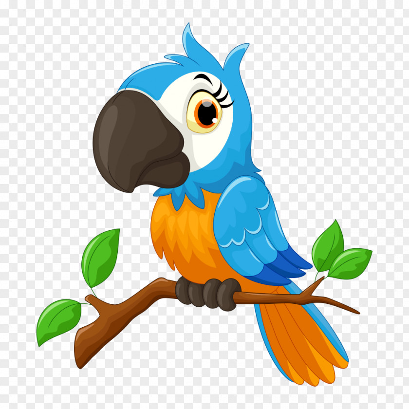 Blue Parrot On Tree Branch Cartoon Bird Illustration PNG