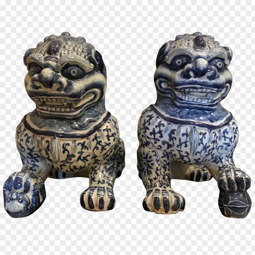 The Blue And White Porcelain Pug Chinese Guardian Lions Statue Figurine PNG