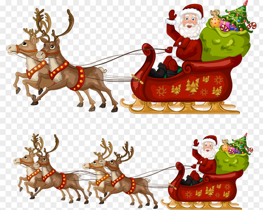 Santa Claus And Reindeer Christmas Sled PNG