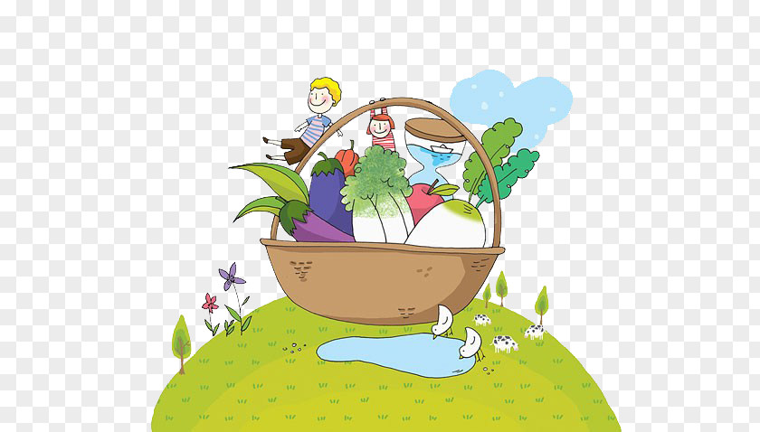 Children In The Basket Of Vegetables Drawing Vegetable Cartoon Illustration PNG