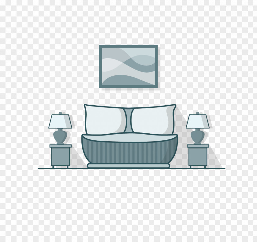 Hand-drawn Cartoon Bedroom With A Large Bed Bedside Table Lamp Drawing PNG