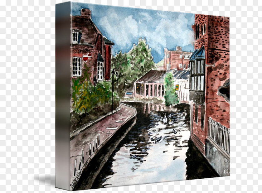 River WaterColor Watercolor Painting Canal Cityscape Gallery Wrap PNG