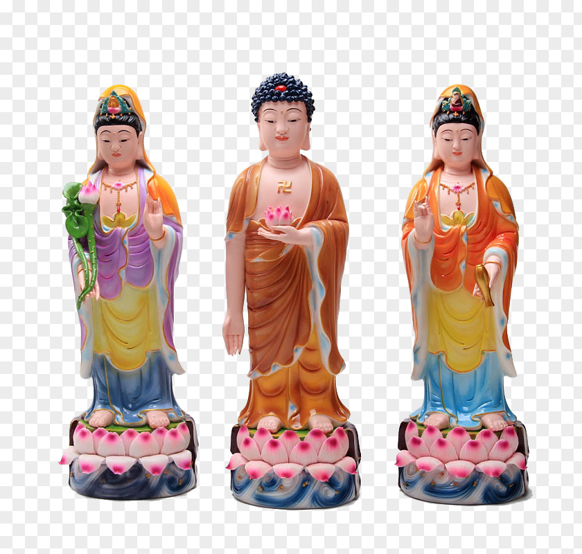 Three Painted Statues Of Buddha Pottery PNG