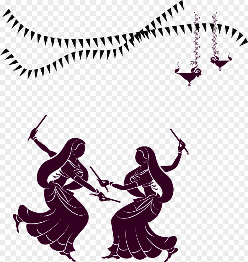 Garba Dandiya Raas Navaratri Dance PNG Dance, Purple ethnic dancers, two woman silhouette illsutration clipart PNG