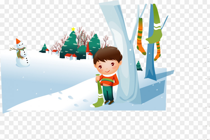 Vector Hand-painted Winter Snow Landscape Santa Claus Christmas Drawing Snowman Illustration PNG