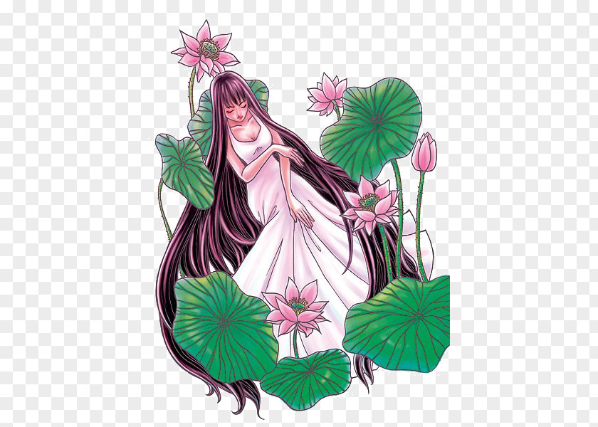 Cartoon Lotus Woman Floral Design Illustration PNG