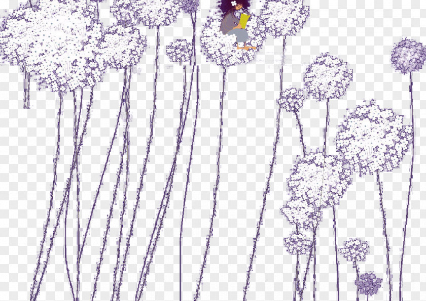 Purple Dandelion Flowers And Cartoon Characters Common Floral Design PNG