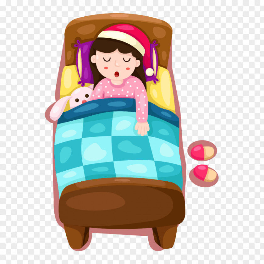 Sleep Illustration PNG Illustration, Sleeping girl, brown wooden bed frame clipart PNG