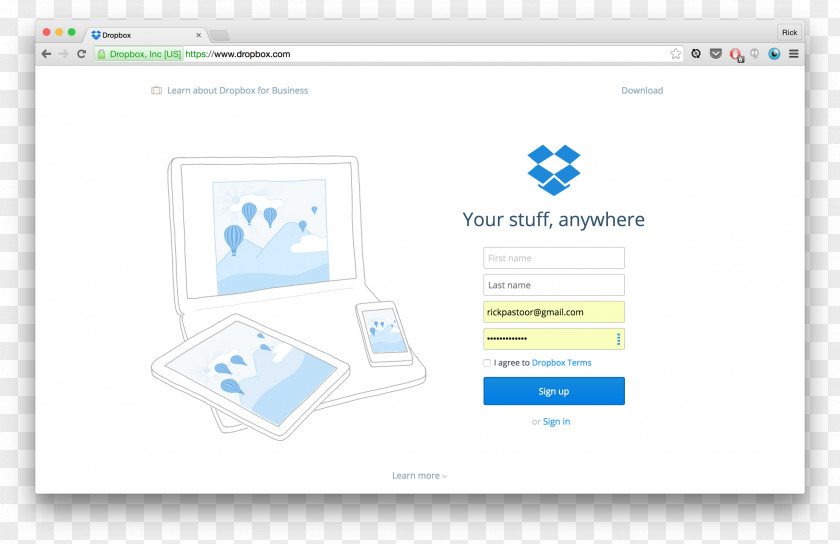 Dropbox Growth Hacking Login Landing Page IFTTT PNG