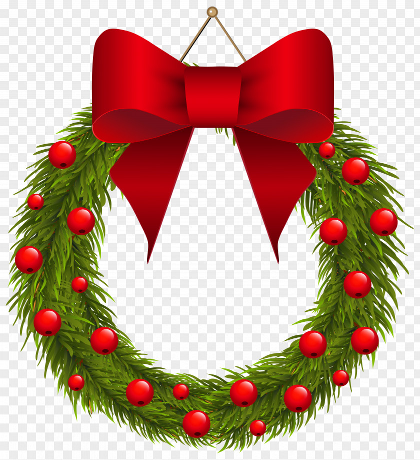 Christmas Pine Wreath With Red Bow Clipart Picture Decoration Garland Clip Art PNG