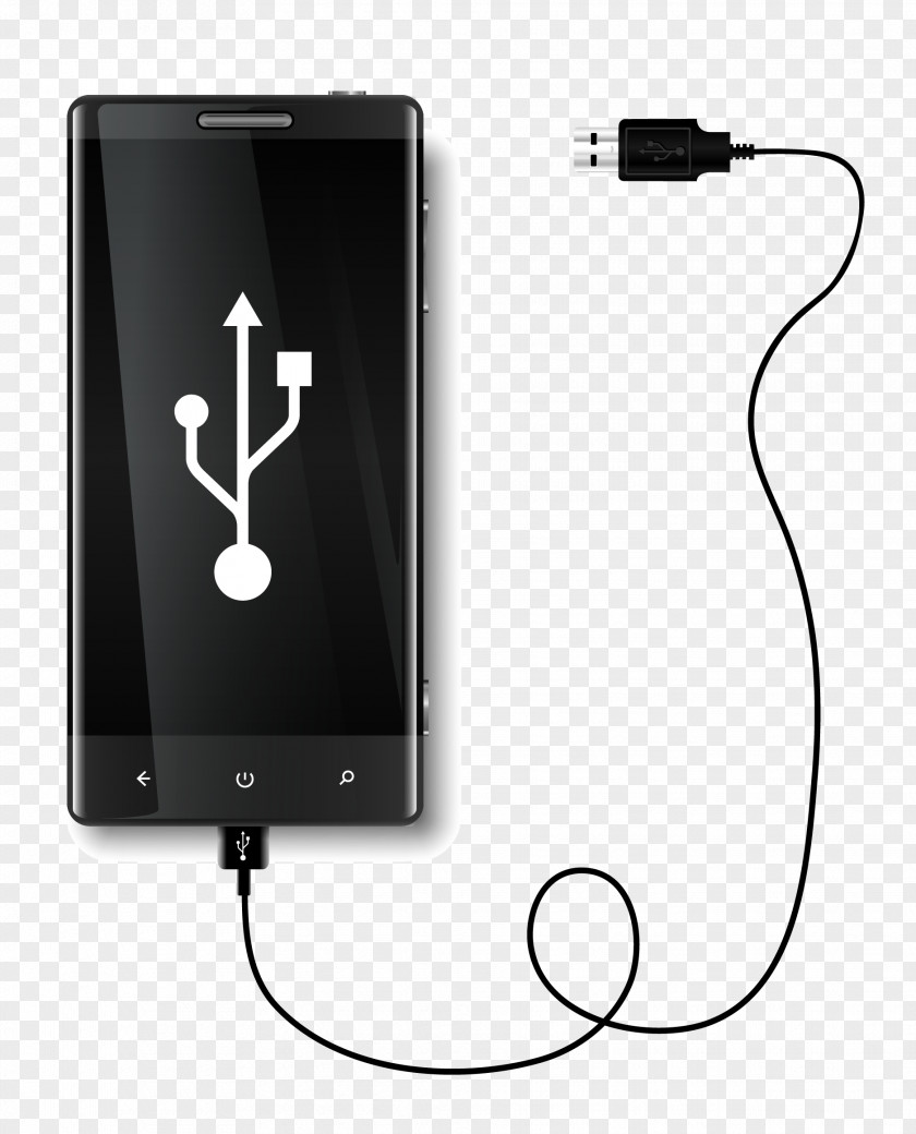 Black Cell Phone And Data Lines Vector Free Download Battery Charger USB On-The-Go PNG