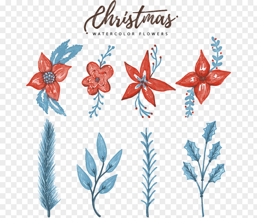 Watercolor Christmas Flower Decoration Floral Design Painting Clip Art PNG