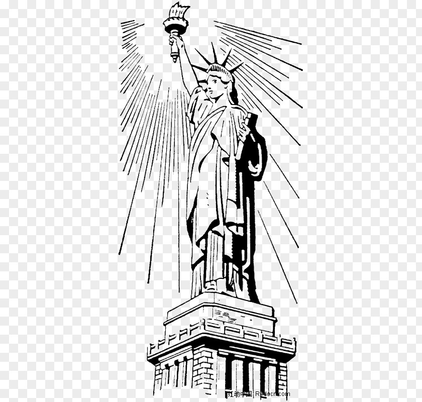 Black & White Statue Of Liberty And Illustration PNG